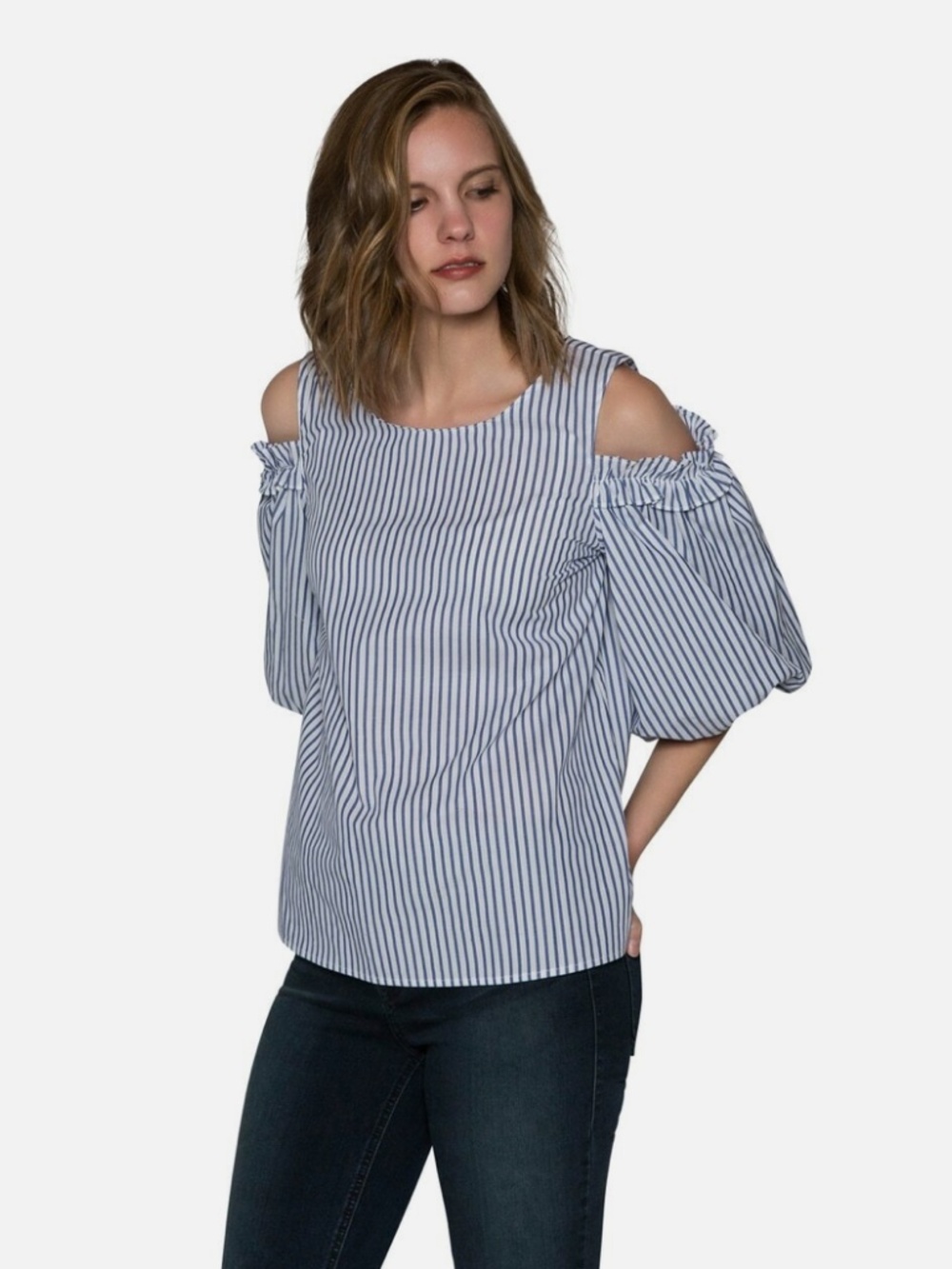 Velvet by Graham & Spencer Bruna Striped Cold Shoulder Puff Sleeve Top Blouse XS - Picture 3 of 13